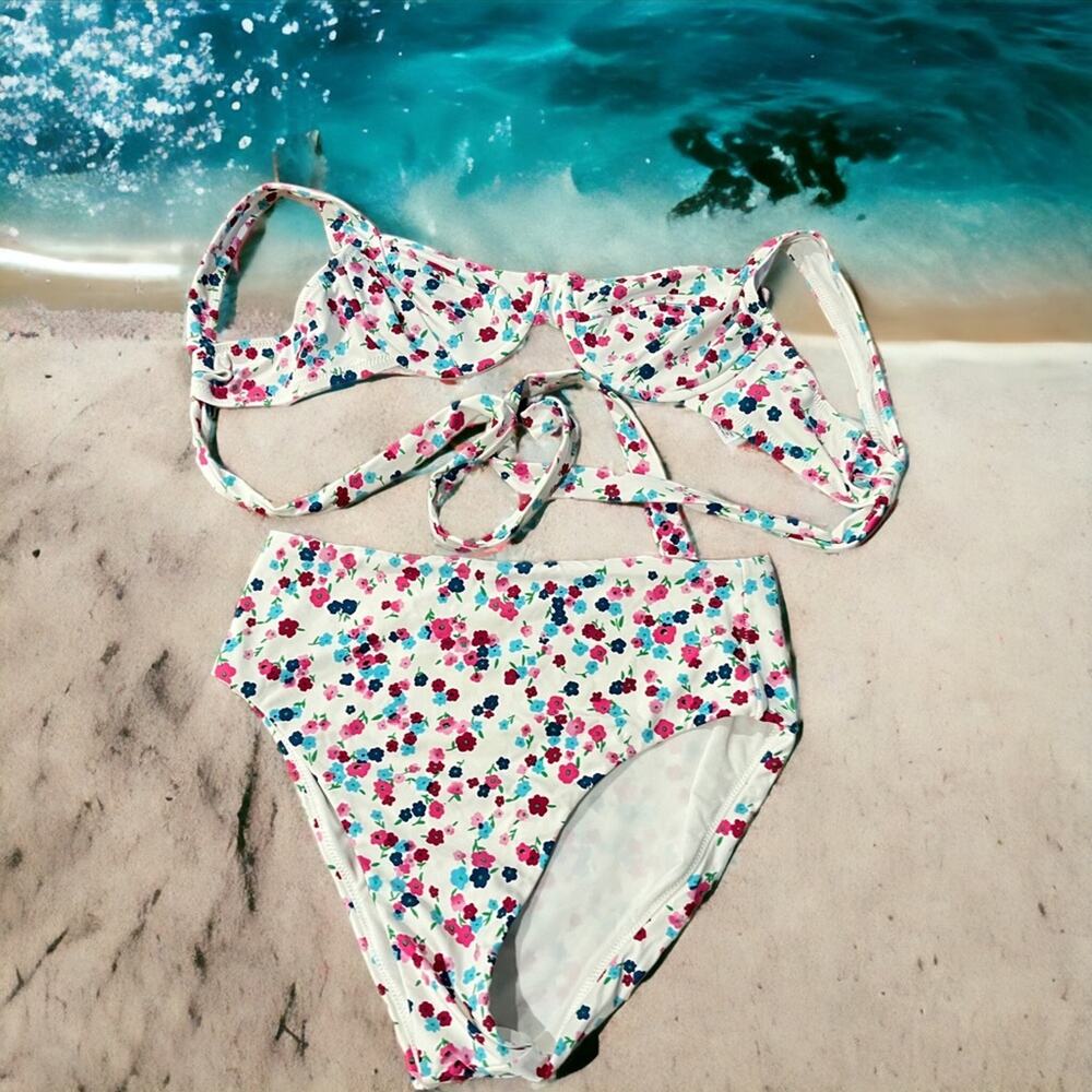 J. Crew Bikini Set 36B Top Medium High Waist Bottom Ditsy Floral Blue Pink White